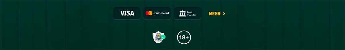 Footer section with Visa, Mastercard, and bank transfer payment icons, a “Mehr” link, a security badge, and an 18+ symbol on a dark green background.