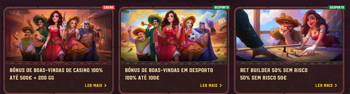 Promotional banner row for a Portuguese gaming site showing three offers: a casino welcome bonus of 100% up to €500 plus 200 free spins, a sports welcome bonus of 100% up to €100, and a bet builder promotion with a 50€ risk-free offer.