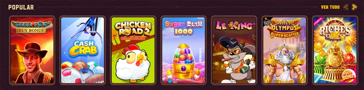 Popular online casino game carousel in Portuguese showing slot tiles for Book of Ra Buy Bonus, Cash Crab, Chicken Road 2, Sugar Rush 1000, Le King, Gates of Olympus Super Scatter, and Riches Express.